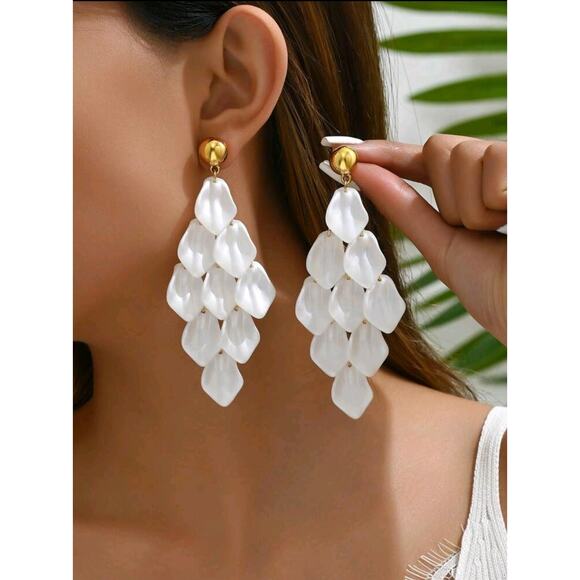 White Geometric Tassel & Leaf Dangle Earrings for Women -Simple & Elegant Design - Picture 1 of 8